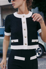 Contrast Color Short-sleeved Button-down Top