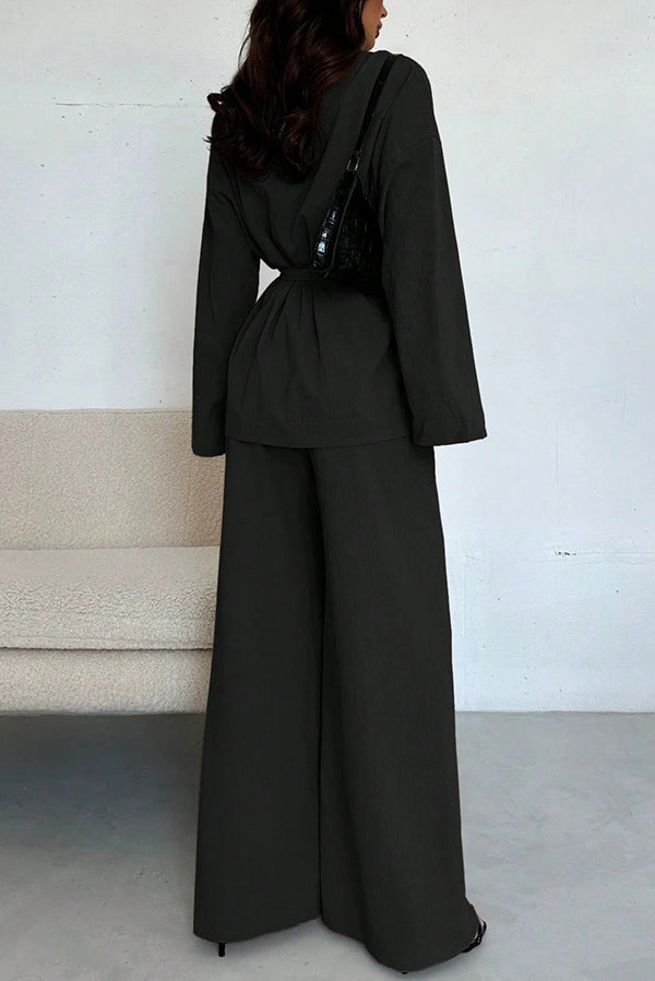 Solid Color Collared Long-sleeved Tie-waist Loose Top and Elastic Waist Casual Wide-leg Pants Set