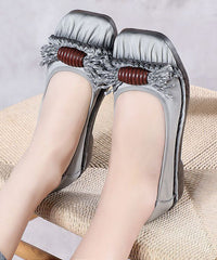 Vintage Grey Cowhide Leather Flat Shoes Splicing Flat Shoes