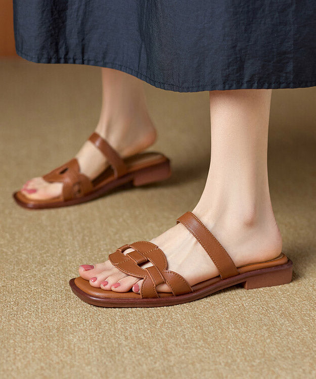 Brown Splicing Cowhide Leather Slide Sandals Peep Toe