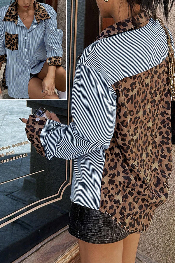 Striped Leopard Print Patchwork Loose Casual Long-sleeved Shirt