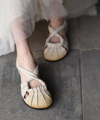 Yellow Cowhide Leather Splicing Hollow Out Walking Sandals