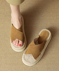 Handmade Platform Black Cowhide Leather Cross Strap Slide Sandals