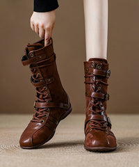 Brown Wedge Suede Stylish Lace Up Zippered Splicing Boots