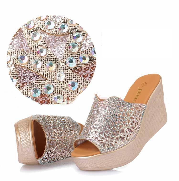 Rhinestone High Slope Heel Non-slip Sandals And Slippers Size 11 September