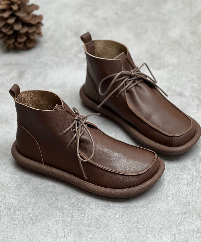 Retro Lace Up Boots Coffee Fuzzy Wool Lined Cowhide Leather