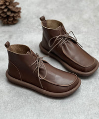 Retro Lace Up Boots Coffee Fuzzy Wool Lined Cowhide Leather