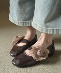 Women Floral Splicing Flats Brown Cowhide Leather