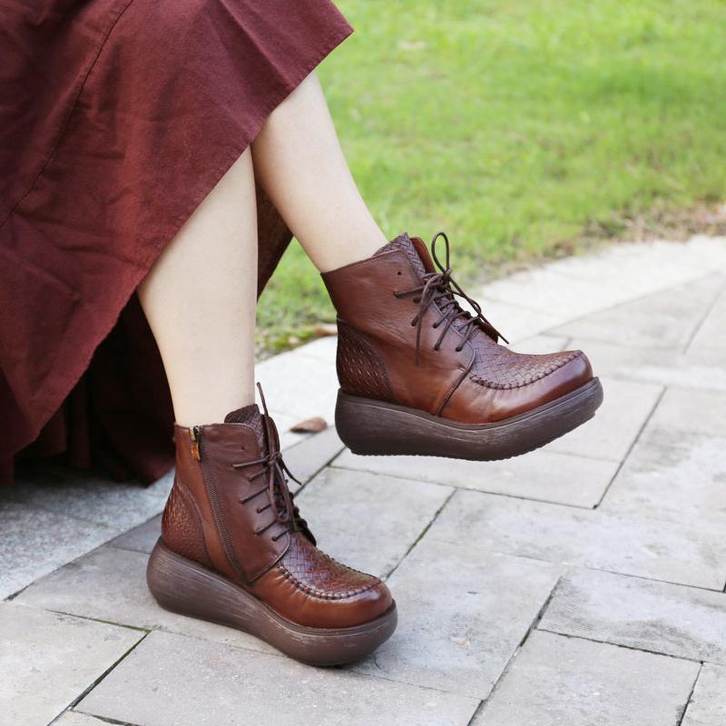 Leather Ethnic Wedge Heel Boots