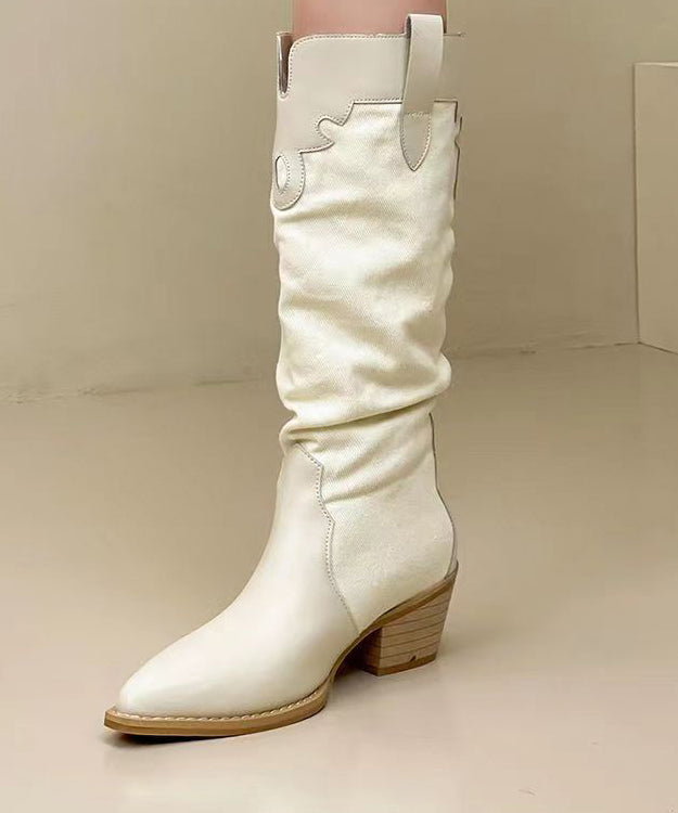 Black Long Boots Splicing Chunky Pointed Toe