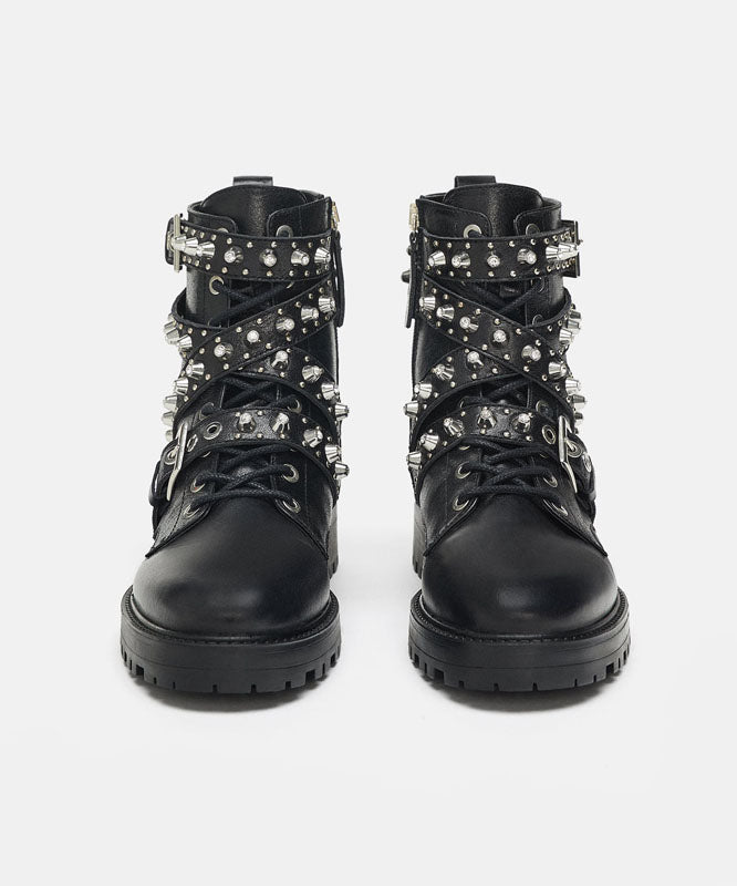 Black Cowhide Leather Splicing Lace Up Rivet Boots
