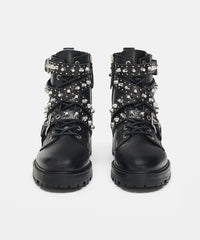 Black Cowhide Leather Splicing Lace Up Rivet Boots