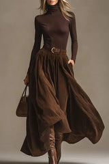 High-neck Long-sleeved Fitted Top and Casual Elastic Waist Pocket Maxi Skirt Set