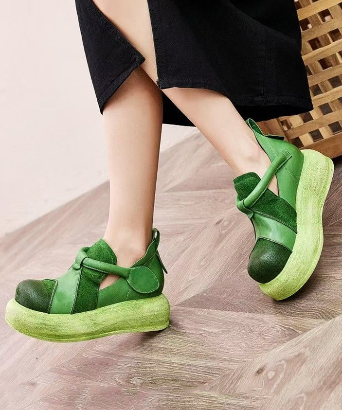 Original Handmade Green Cowhide Leather Splicing Platform Shoes