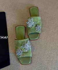 Italian Floral Splicing Green Cowhide Leather Slide Sandals Peep Toe