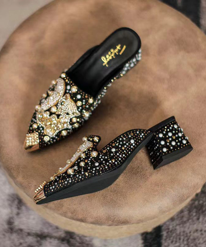 Black Zircon Chunky Heel Pointed Toe Slide Sandals