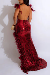 Feather Sequin Backless Fit Asymmetrical Maxi Dress