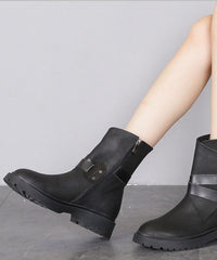 Buckle Strap Zippered Splicing Platform Boots Black Cowhide Leather