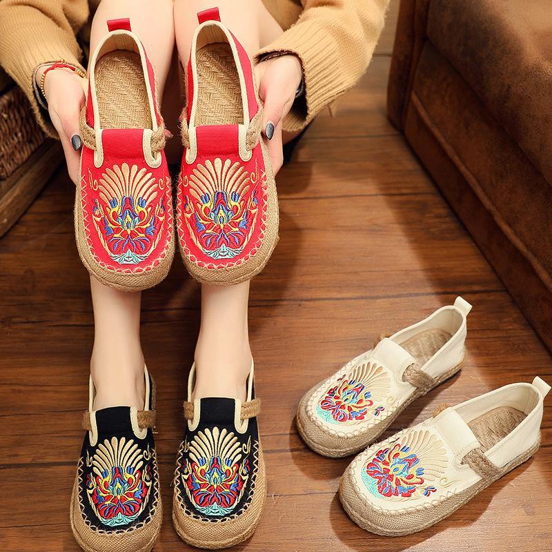 Flats Black Embroideried Cotton Fabric Flats Shoes