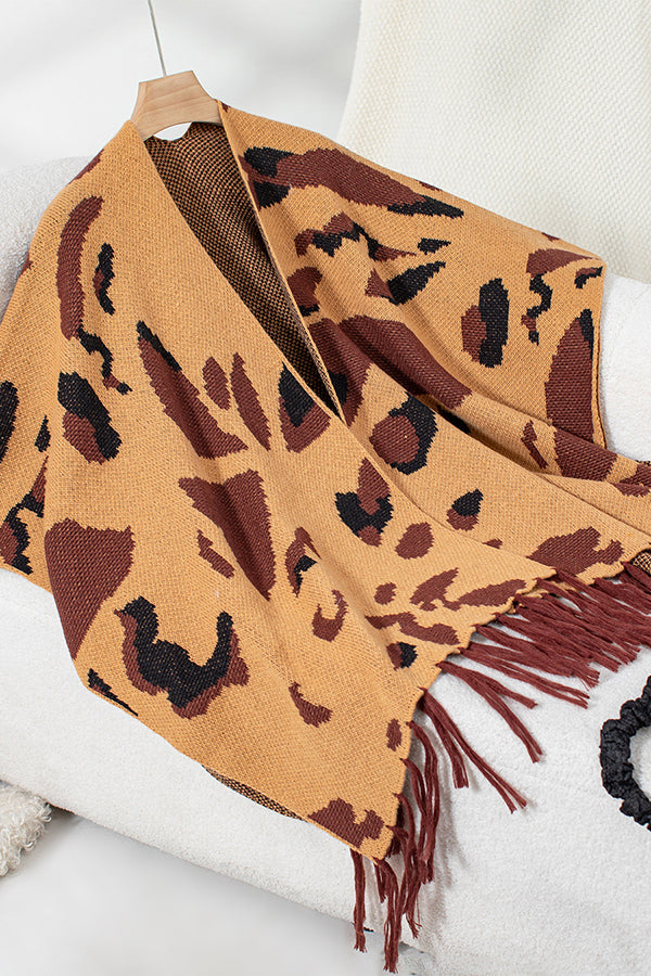 Leopard Print Contrast Tassel Hem Loose Knitted Shawl