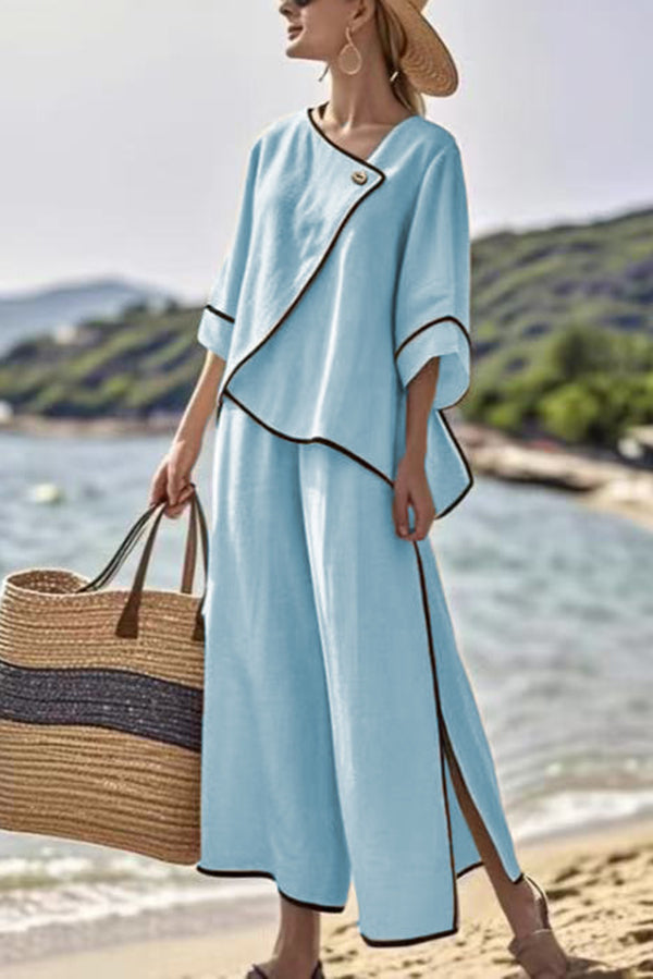 Color Trim Asymmetrical Casual Top and Elastic Waist and Wide-leg Pant Set
