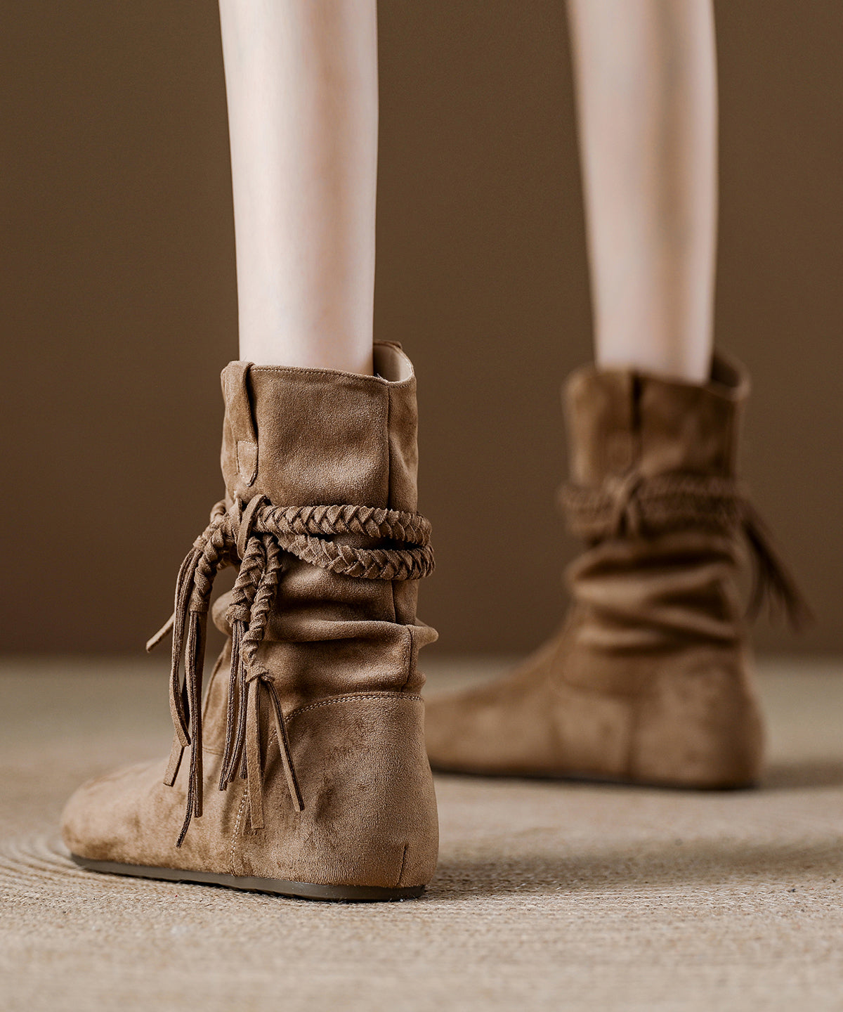 Khaki Tassel Wrinkled Splicing Bohemian Suede Boots