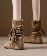 Khaki Tassel Wrinkled Splicing Bohemian Suede Boots