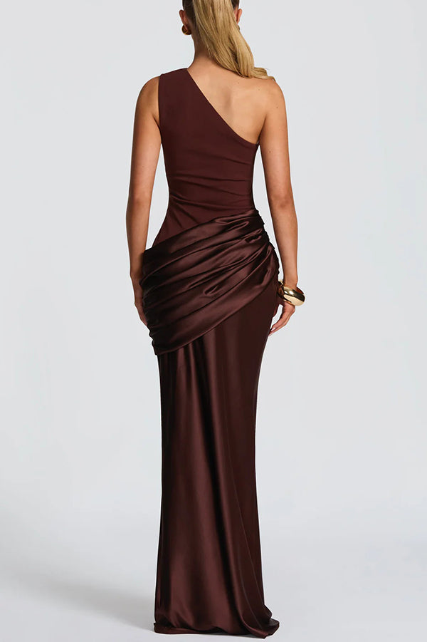One-shoulder Sleeveless Satin Draped Slim-fit Maxi Dress