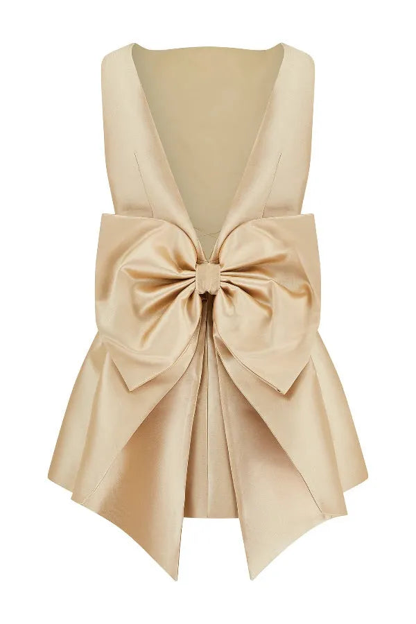 Mini waist cinching satin oversized bow detail square neck mini dress