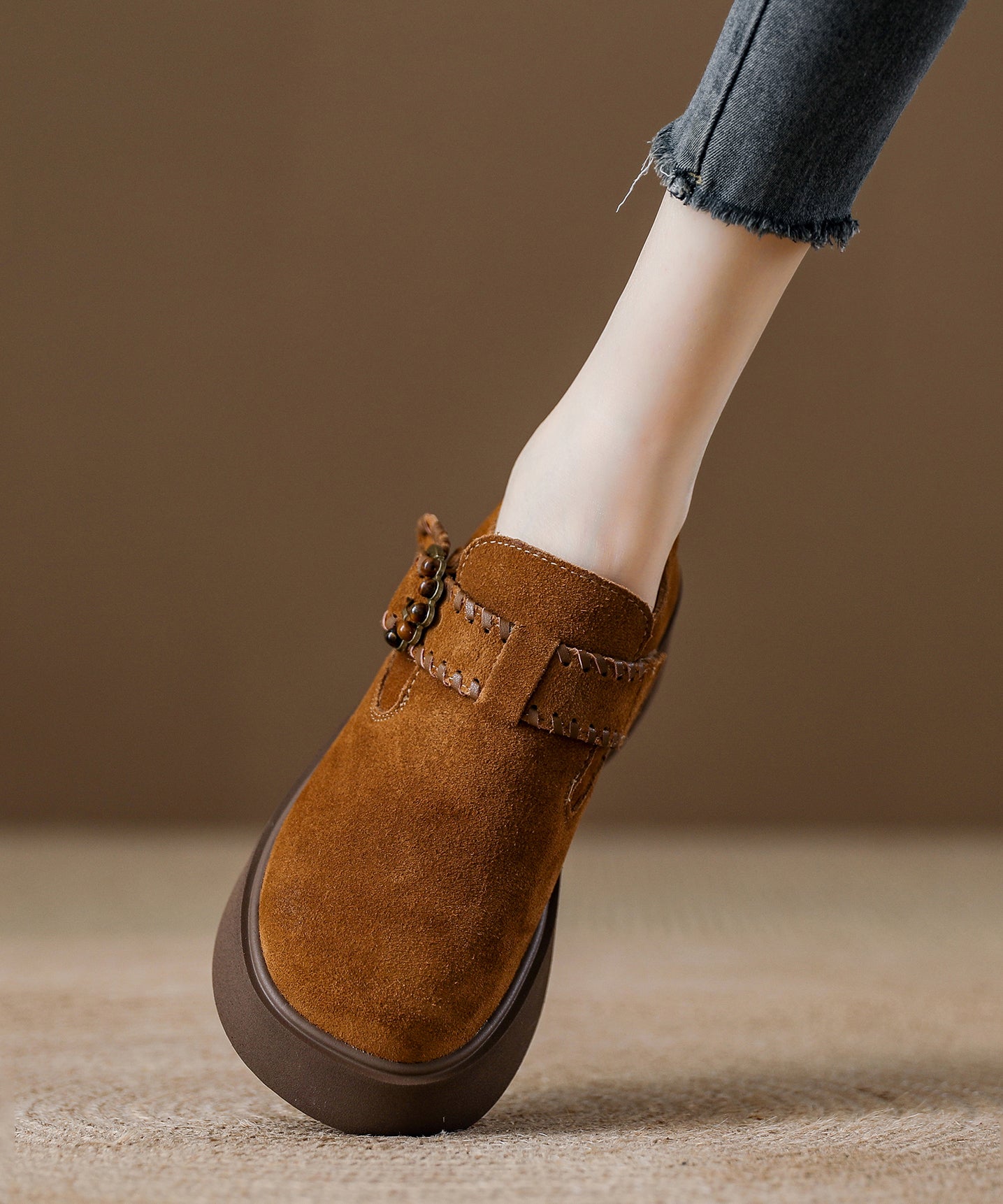 Caramel Suede Platform Flat Shoes For Splicing Buckle Strap