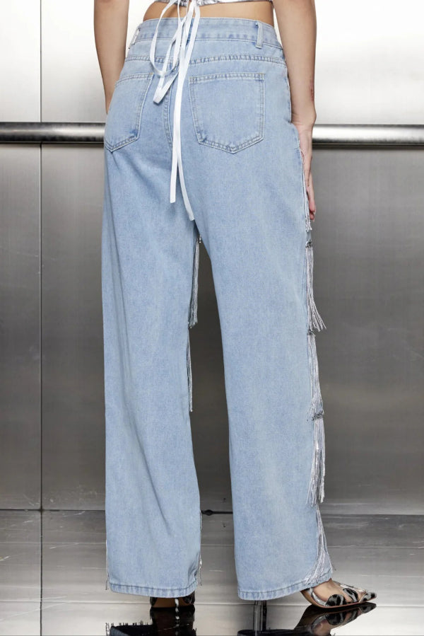 High-waisted Pocket Tassel Casual Straight Leg Jeans