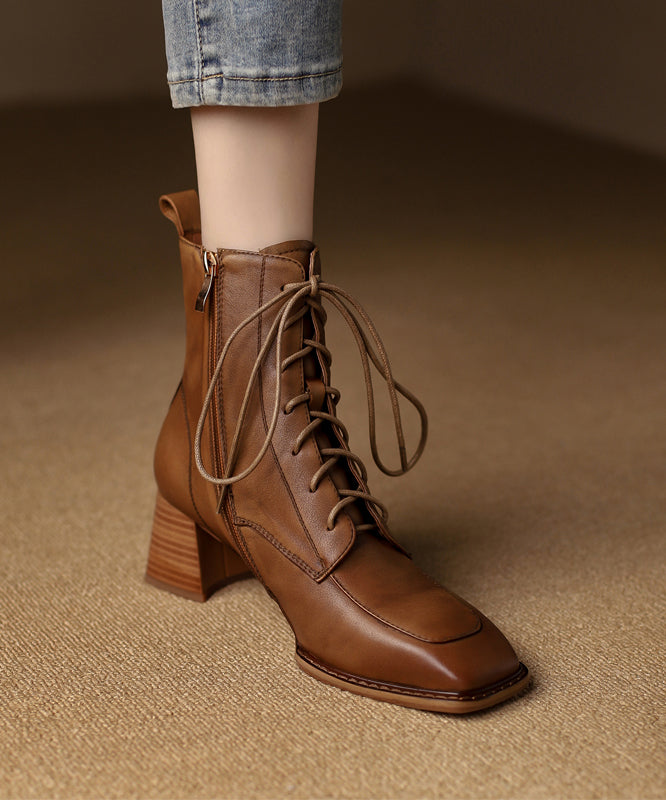 Chocolate Chunky Cowhide Leather Cross Strap Splicing Boots