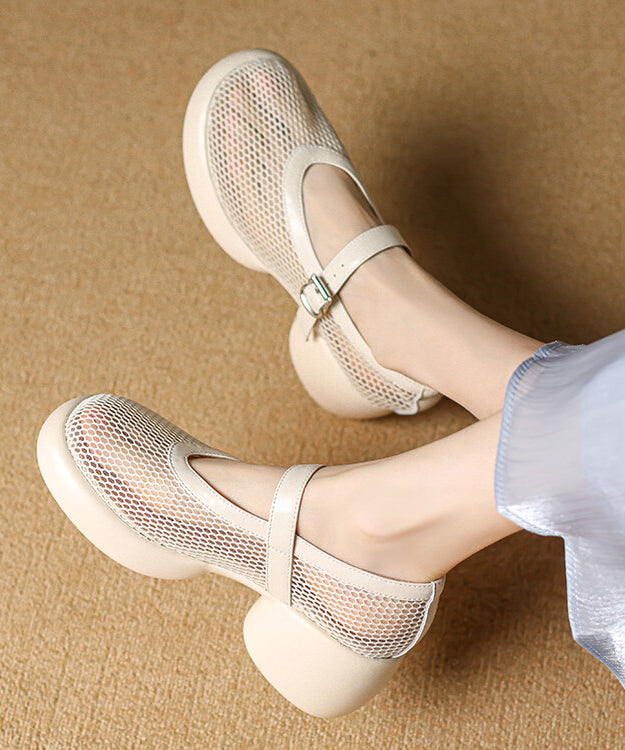 Beige Cowhide Leather Breathable Mesh Buckle Strap Splicing Chunky Heel Sandals