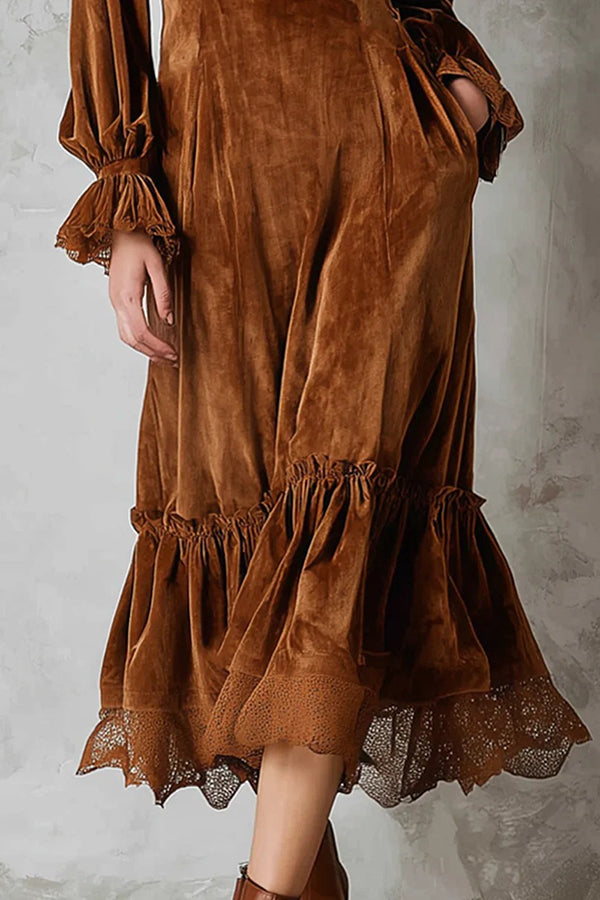Velvet Lace Patchwork V-neck Ruffle Midi Dress