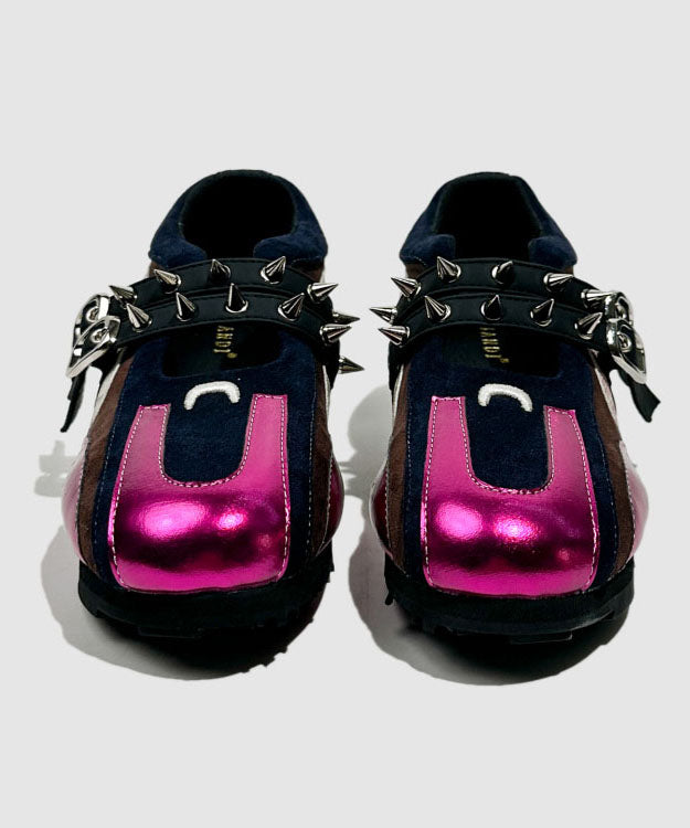 Rose Cowhide Leather Women Splicing Rivet Wedge Heels Shoes