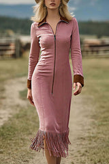 Suede Zipper Long-sleeved Fringed Hem Slim-fit Midi Dress
