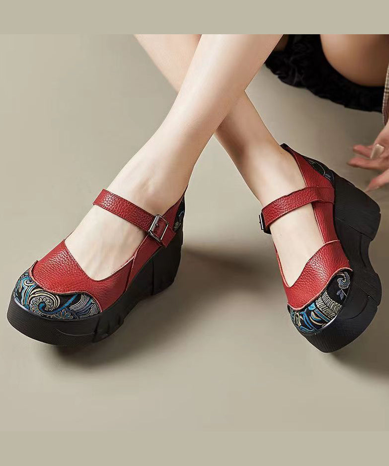 Red High Wedge Heels Shoes Splicing Buckle Strap