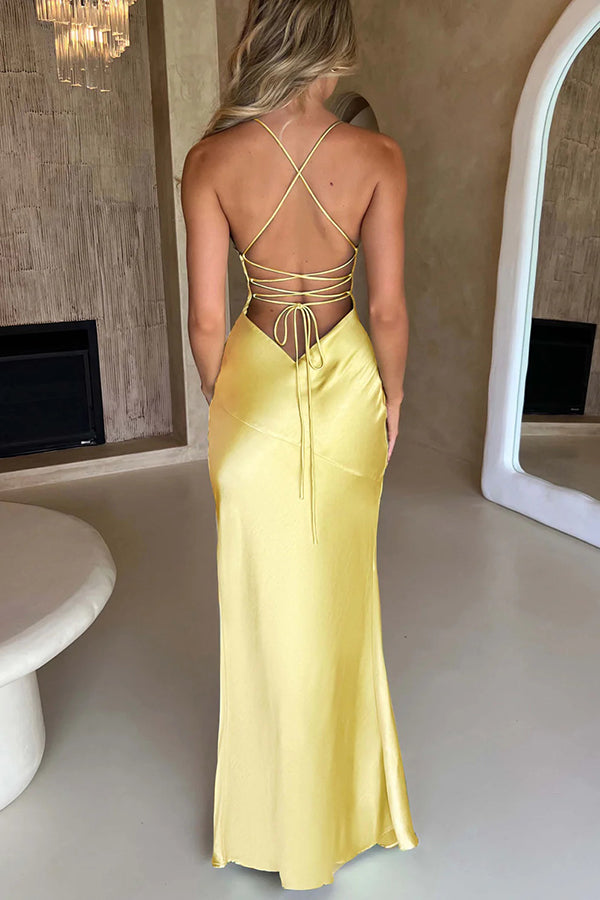 Satin Solid Color Backless Lace Up High Slit Maxi Dress