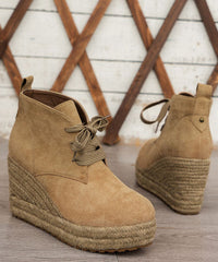 Comfortable Lace Up Wedge Straw Woven Boots Pink Suede