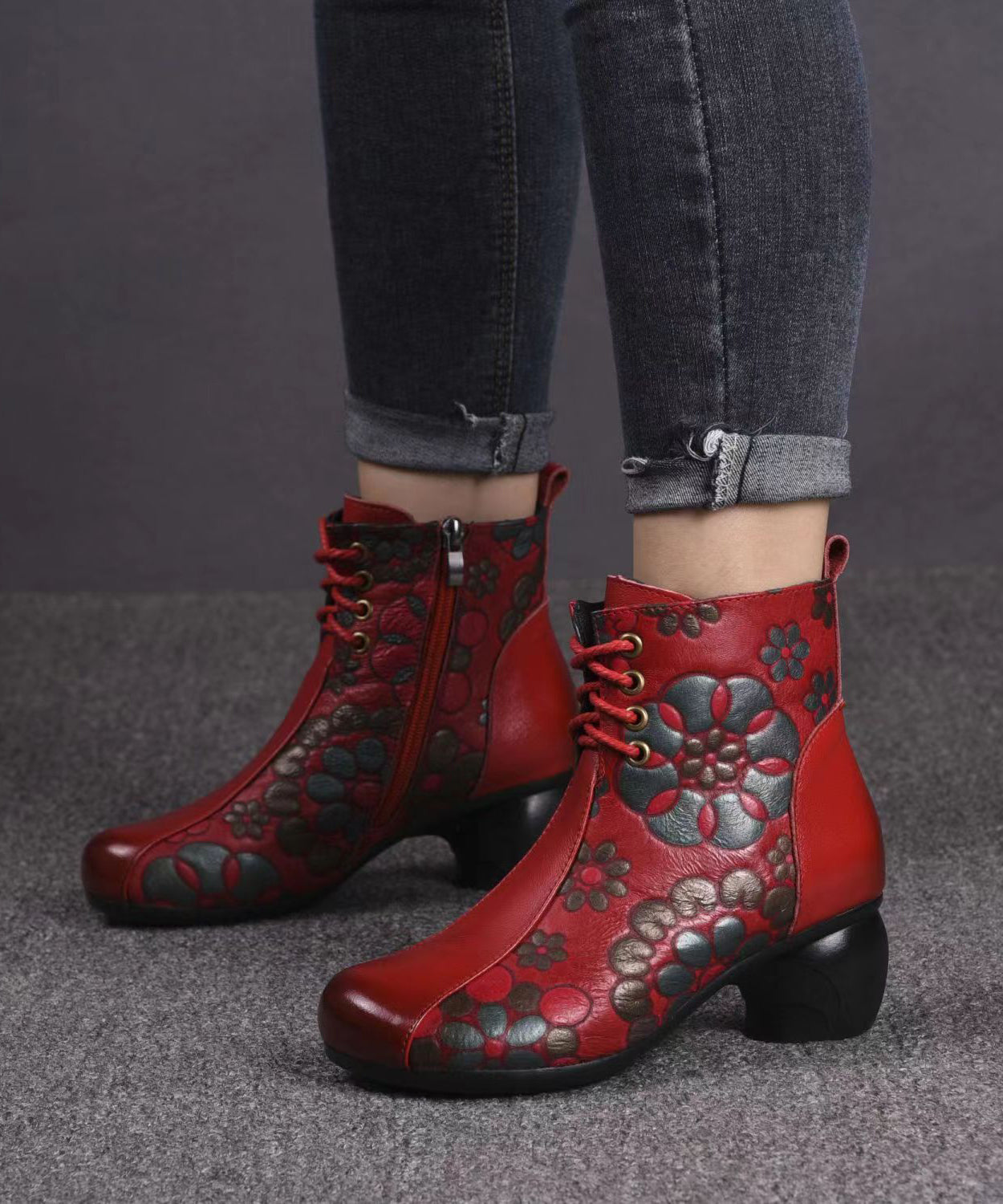 Black Boots Chunky Cowhide Leather Embossed Splicing