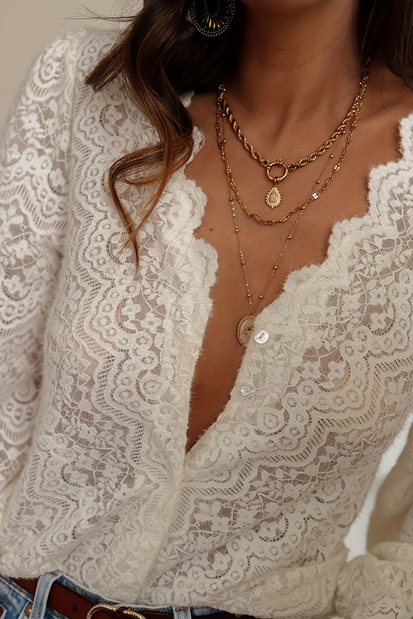Openwork Lace Long-sleeved V-neck Elegant Shirt
