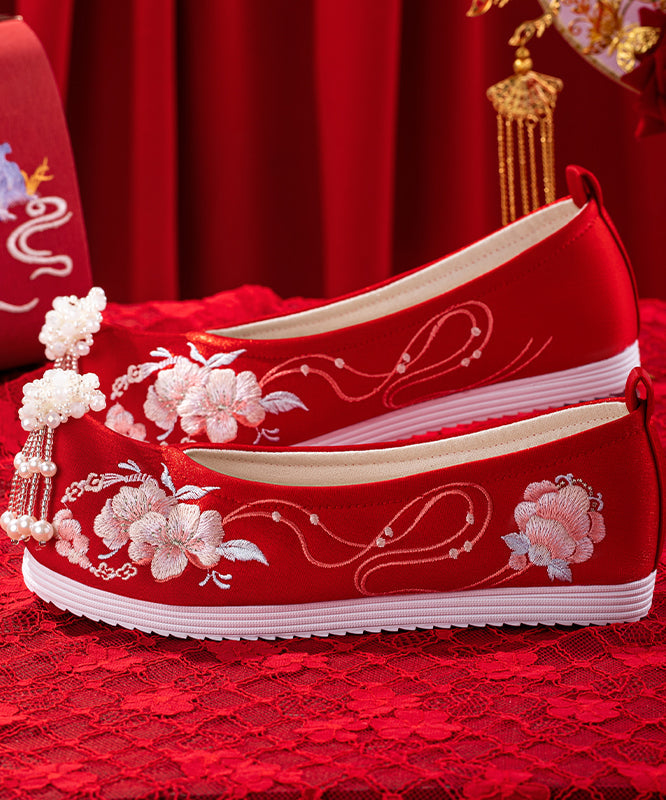Wedding Flat Shoes For Red Embroideried Cotton Fabric