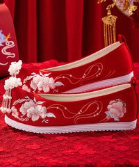 Wedding Flat Shoes For Red Embroideried Cotton Fabric