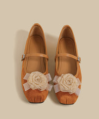 DIY Floral Buckle Strap Splicing Flat Feet Shoes Black Suede