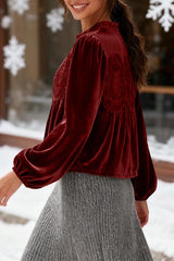 Velvet and Lace Patchwork Loose Long-sleeved Top
