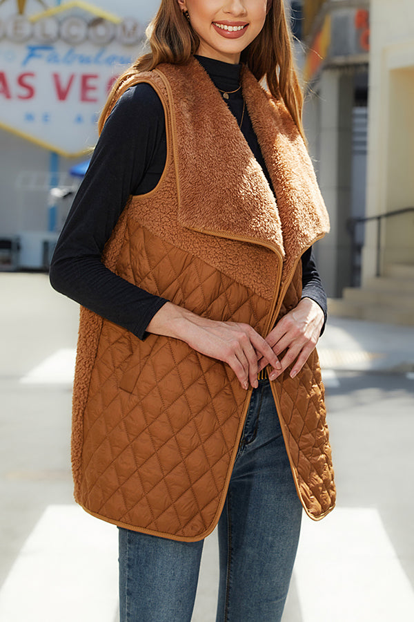 Plush Patchwork Sleeveless Pocket Vest Jacket