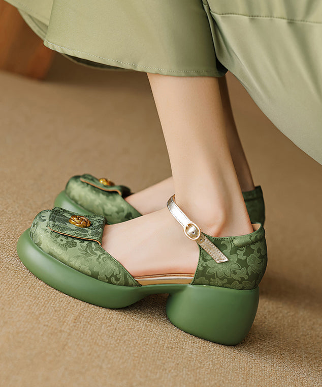 Retro Green Embossed Buckle Strap Chunky Sandals
