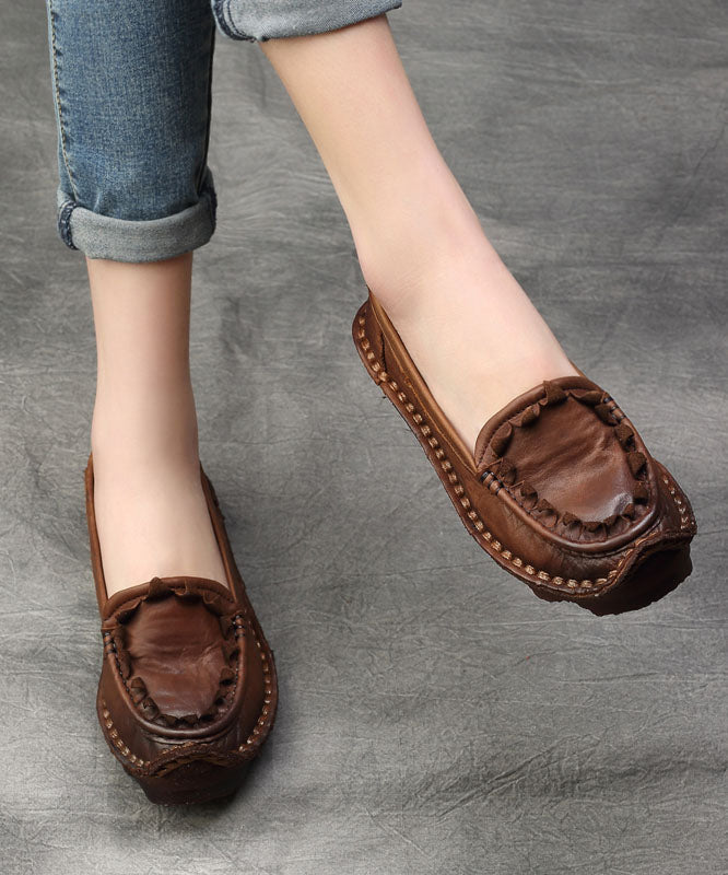 Coffee Flat Shoes For Splicing Cowhide Leather Vintage