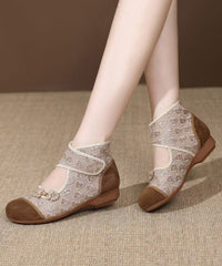 Beige Breathable Mesh Embroidered Buckle Strap Splicing Flat Shoes