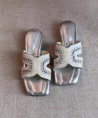 Silver Sheepskin Chic Splicing Slide Sandals Peep Toe